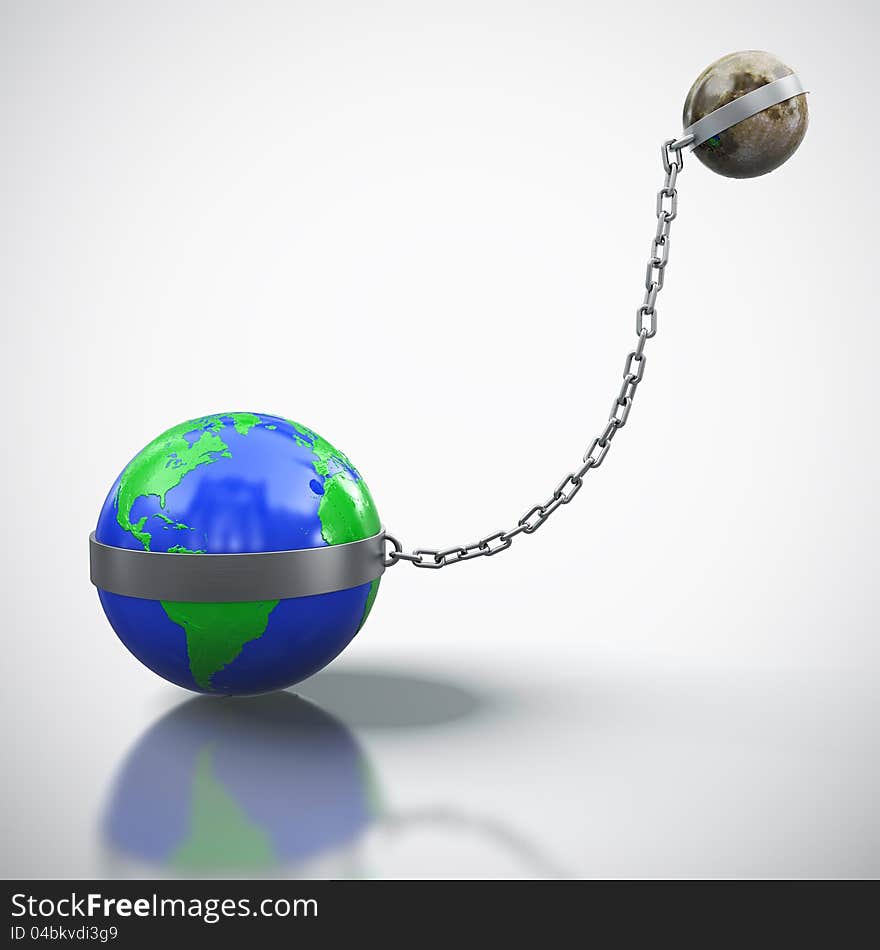 3D render of Earth linked with Moon  on white background