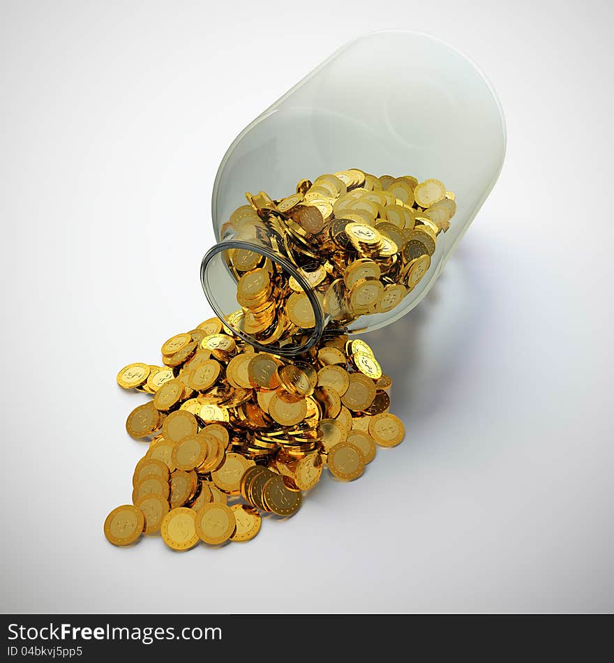 3D render of glass jar full of golden coins. 3D render of glass jar full of golden coins.