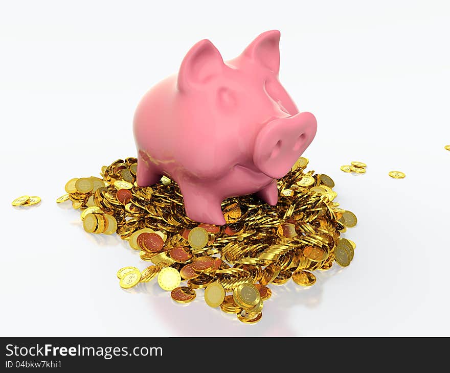 3D render of piggy bank on top of golden coins stack