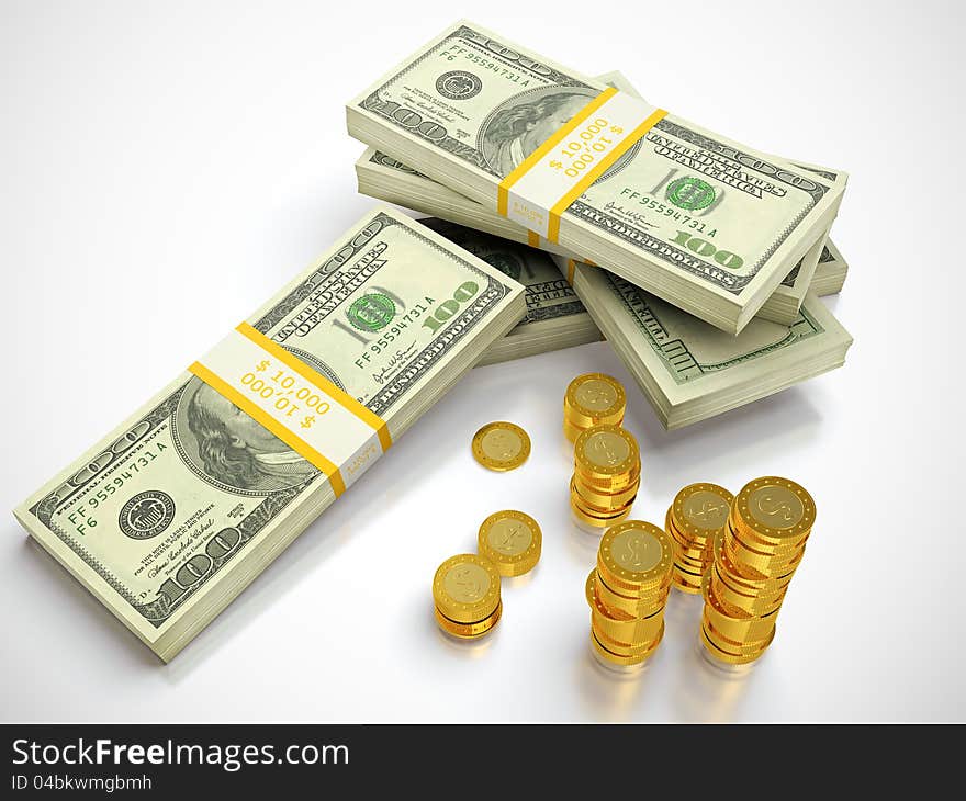 3D render of dollars and golden coins stack. 3D render of dollars and golden coins stack.