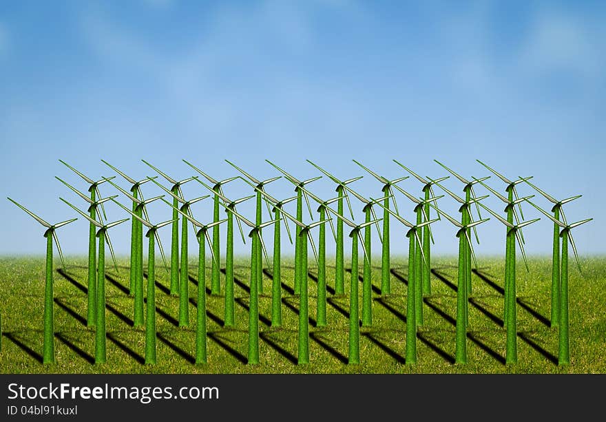 Wind turbines covered with grass in a field. Wind turbines covered with grass in a field