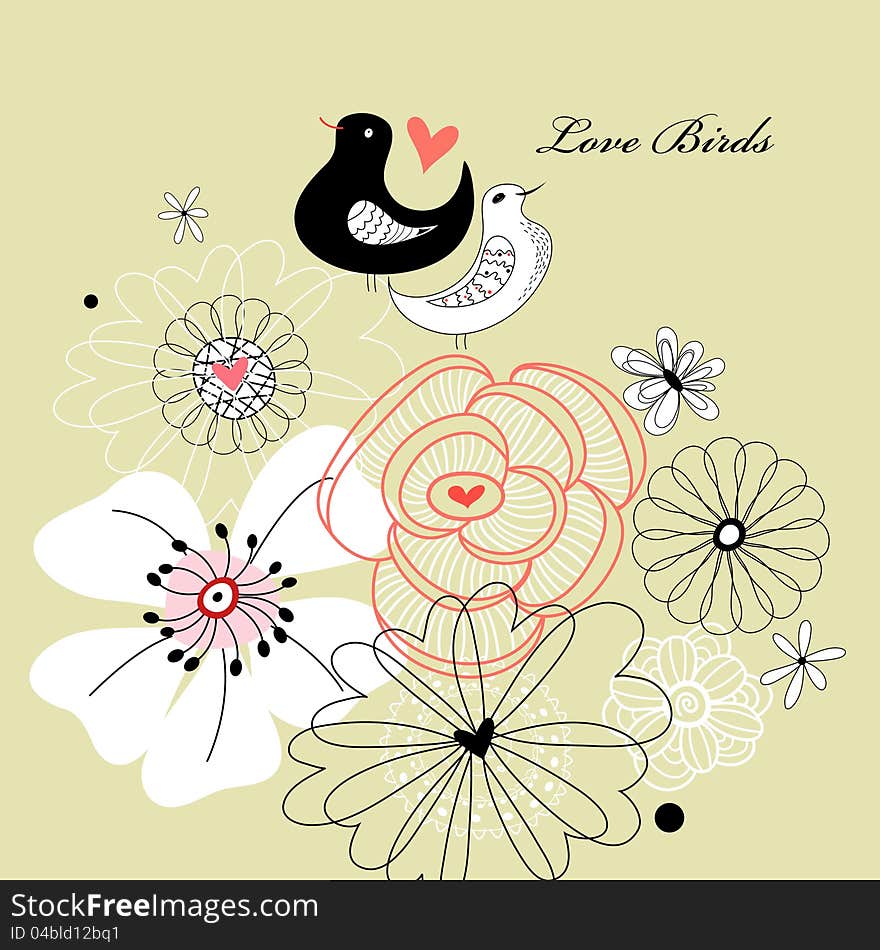 Graphic floral background with birds in love. Graphic floral background with birds in love