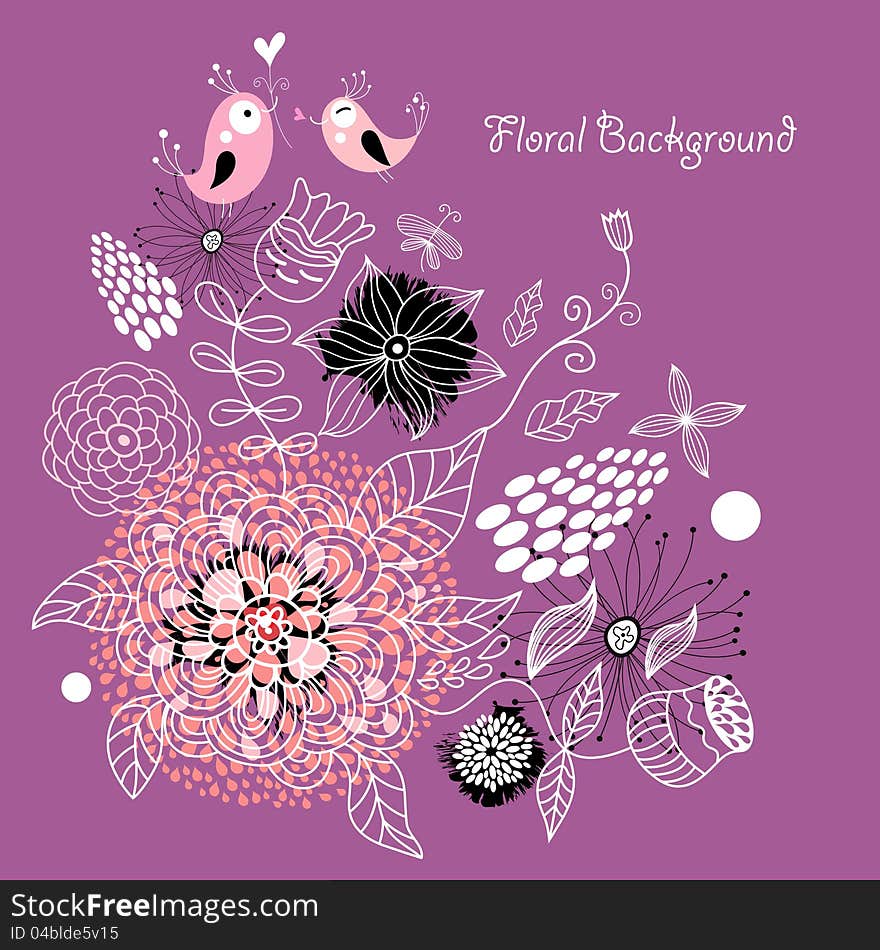 Floral Background With Birds