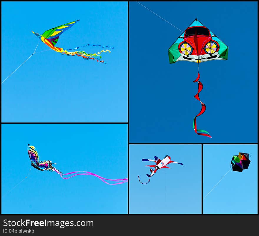 Collection of kites being flown against clear blue skies. Collection of kites being flown against clear blue skies.