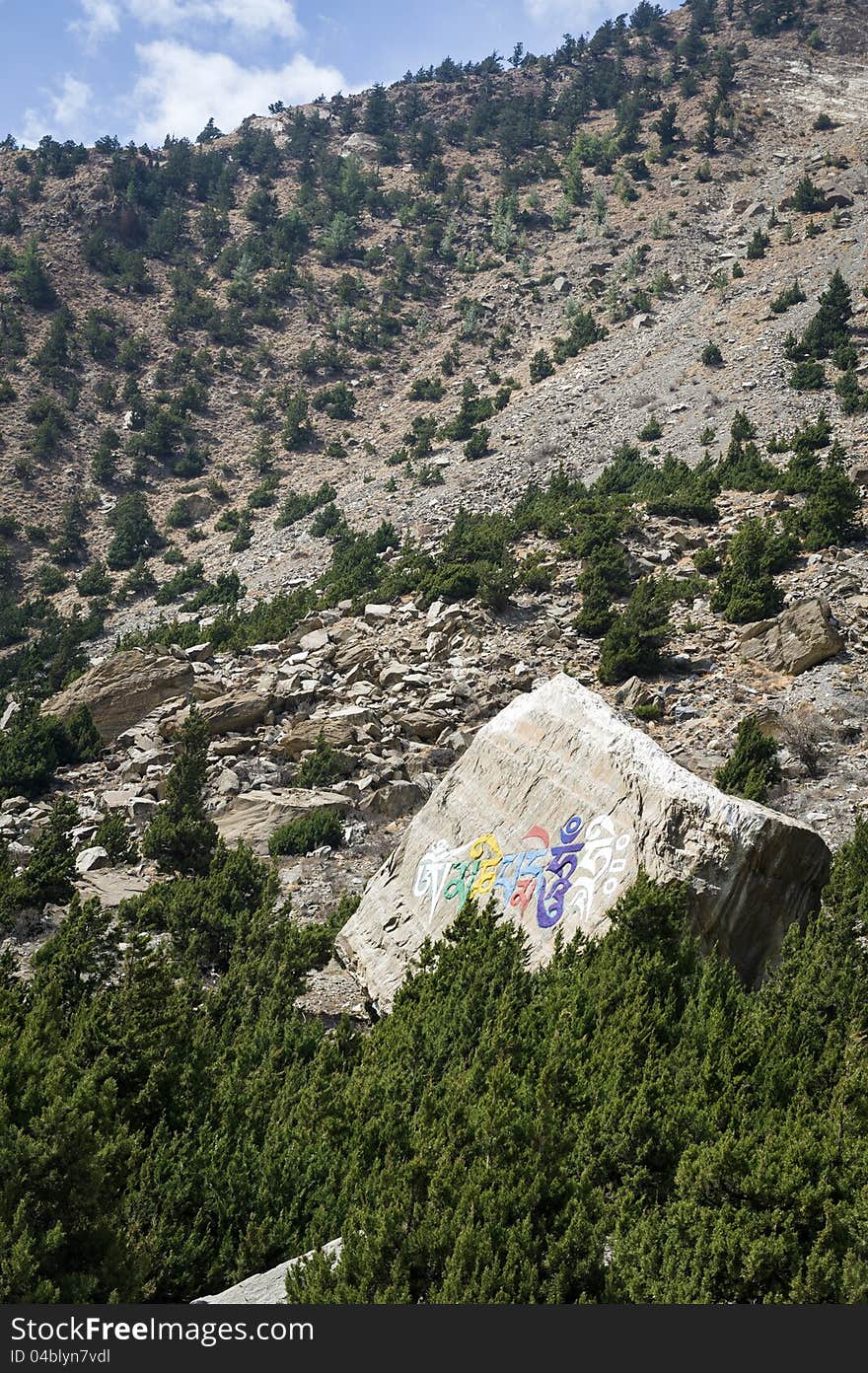 Stone with mantras in Himalaya mountains