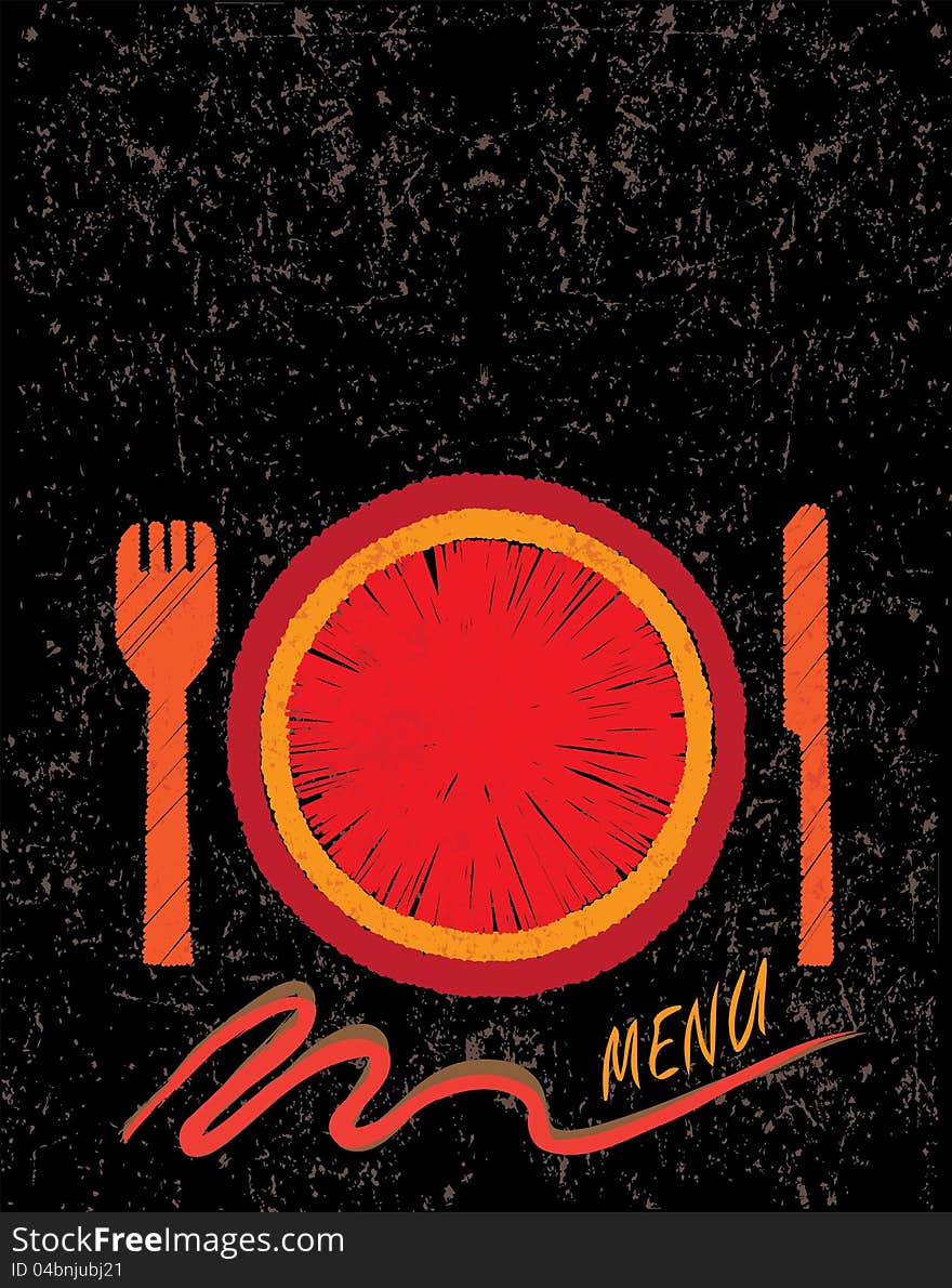 Hand drawn restaurant menu design concept showing a plate, fork and knife.