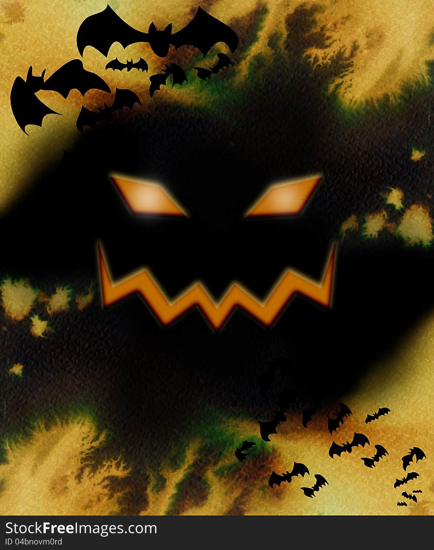 Orange pumpkin creepy face with flying bats, Halloween composition in black with orange splash of color.