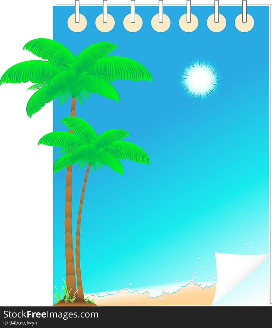 Blue background with notepad and nature landscape with palm, sun, beach and water. symbol resort