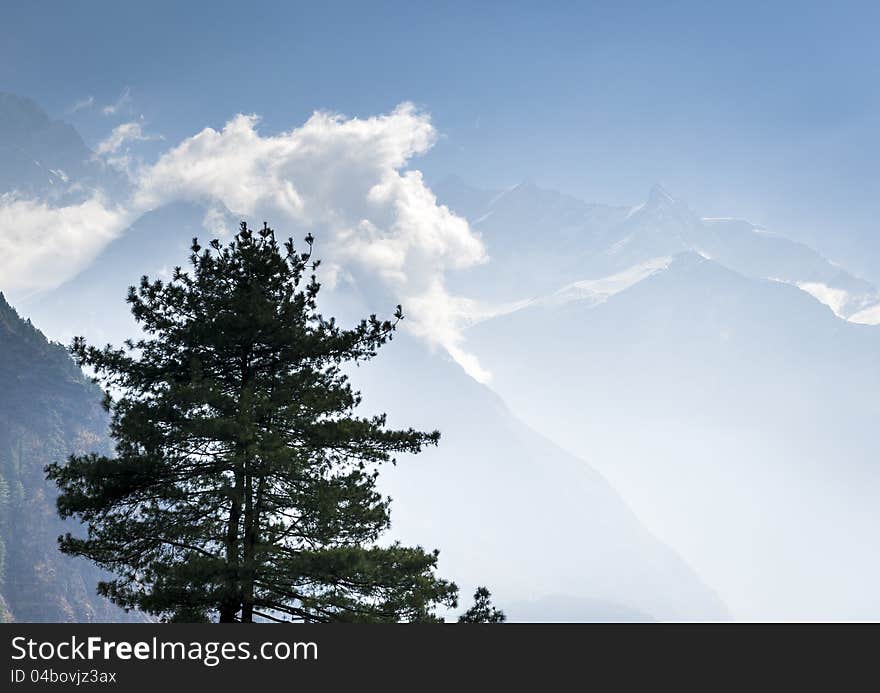 Top of Himalaya mountains in Nepal, covered by snow