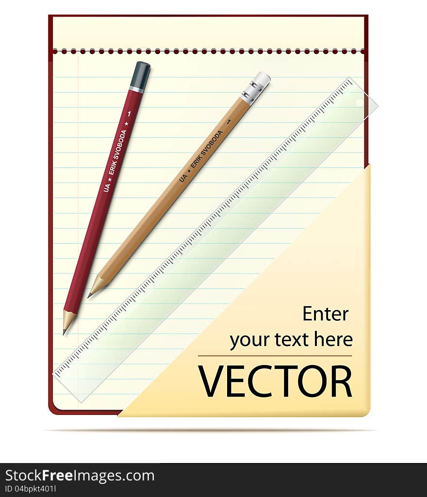 Vector notepad with pencil, ruler and place for text