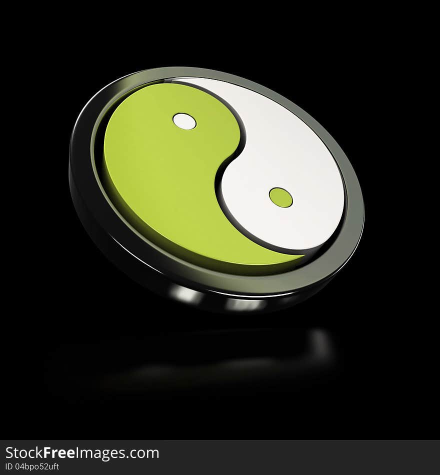 Green and white yin yang symbol over black background with reflection