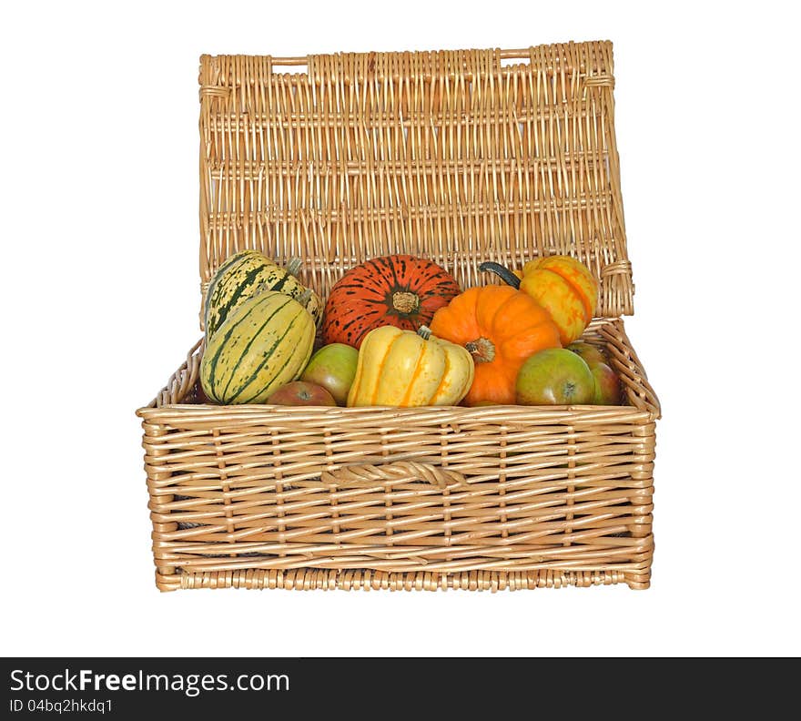 Basket Hamper filled with various squash and apples. Basket Hamper filled with various squash and apples