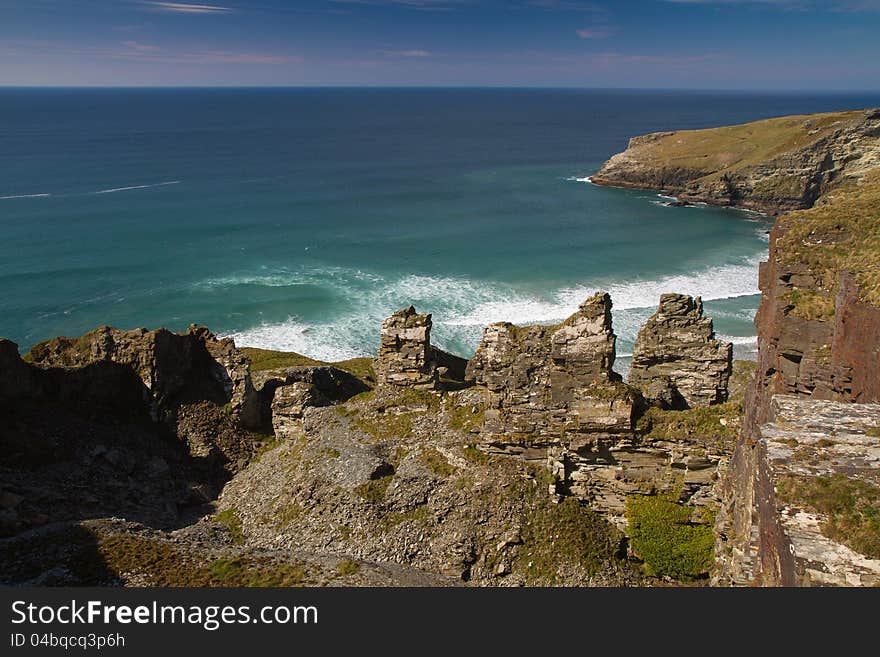 Old mine workings and Cornish cliffs near Tintagel.  The view taken from Treknow near Tintagel in Cornwall, on the South-West coastal path.