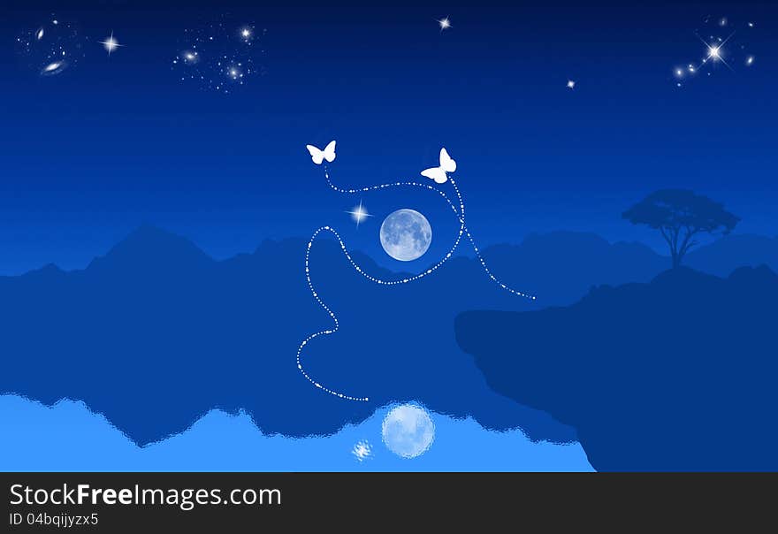 Graphic of a lake and mountains at night with two butterflies. can be used as a skin or background, sleeve artwork or cover. Graphic of a lake and mountains at night with two butterflies. can be used as a skin or background, sleeve artwork or cover.