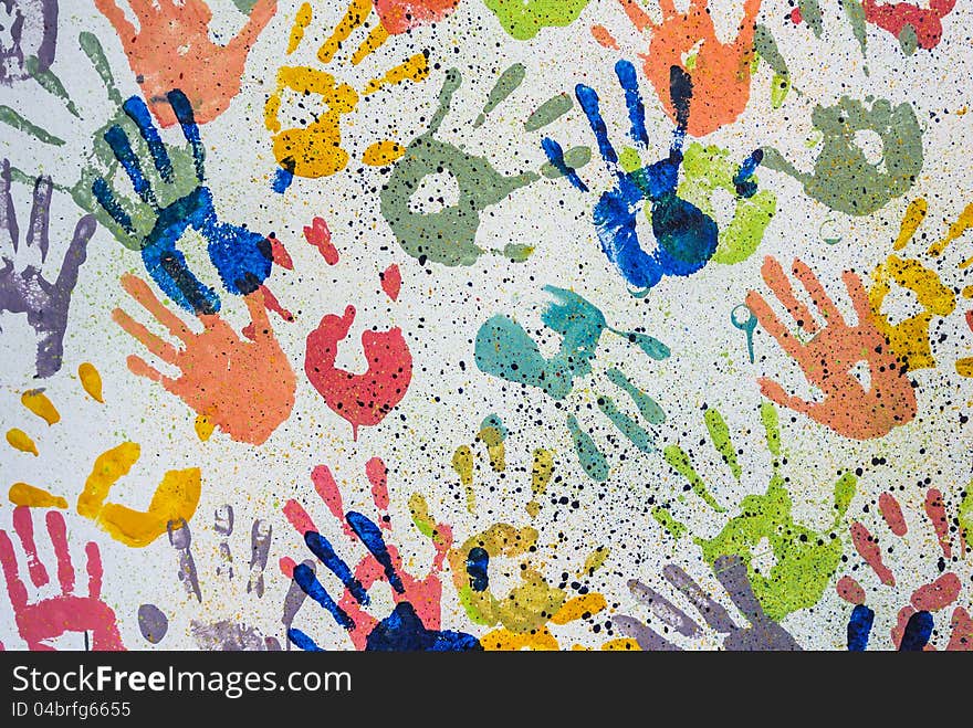 Colorful Random Hand Print On White Background