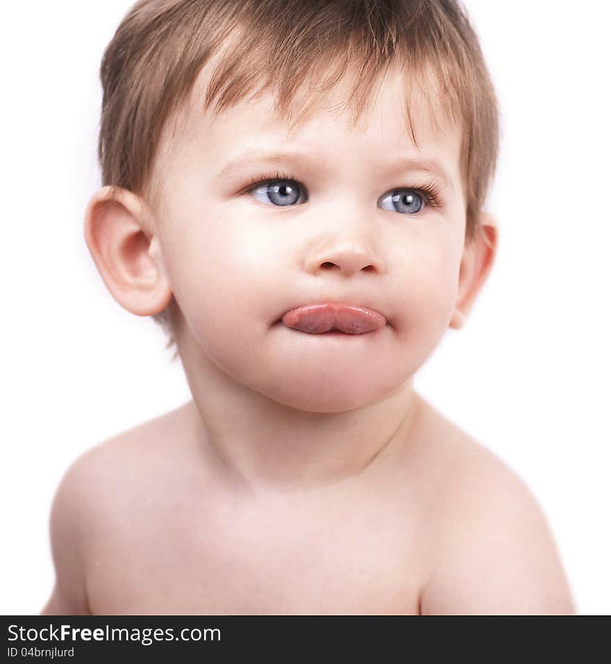 Close up portrait of cute little boy on white background, looking up, blue eyes. Close up portrait of cute little boy on white background, looking up, blue eyes