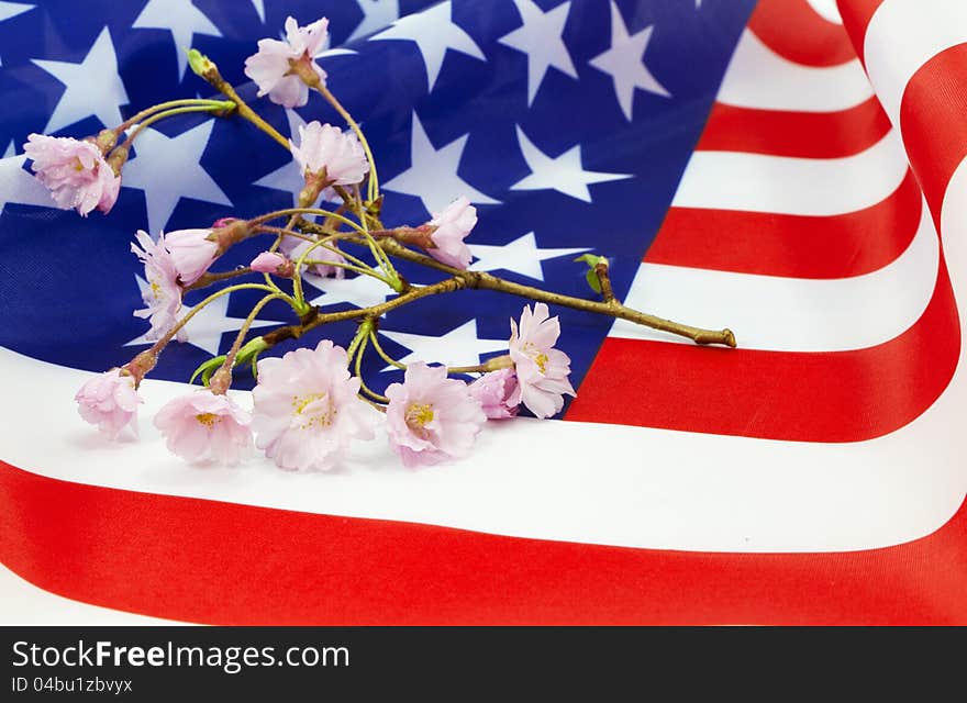 Cherry blossom sprig on American flag