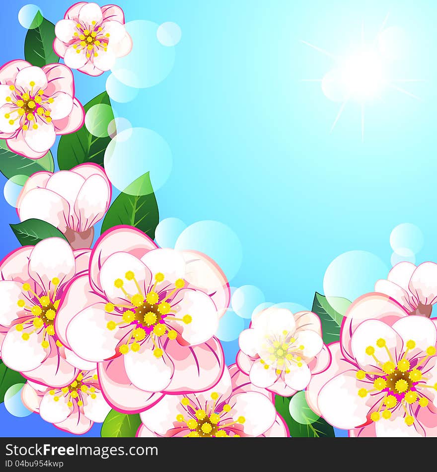 Floral background with apple blossom and blue sky