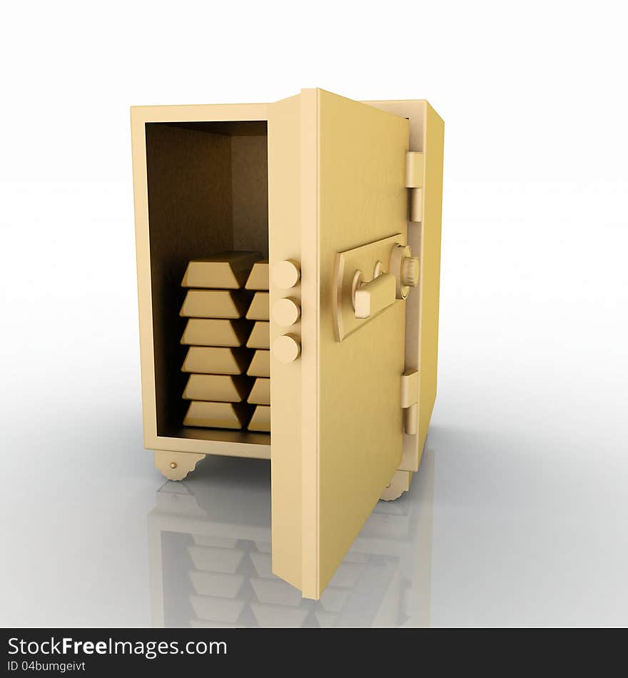 Gold safe with gold bullions on white background