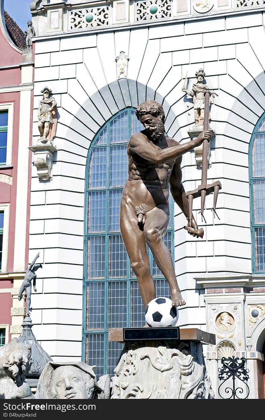 Details of the famous fountain of the Neptune with the ball in Gdansk, the host of the Euro 2012. Details of the famous fountain of the Neptune with the ball in Gdansk, the host of the Euro 2012.