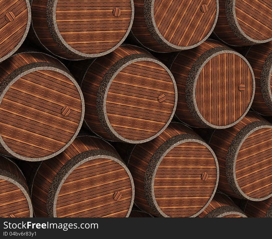 Lot of wooden barrels background