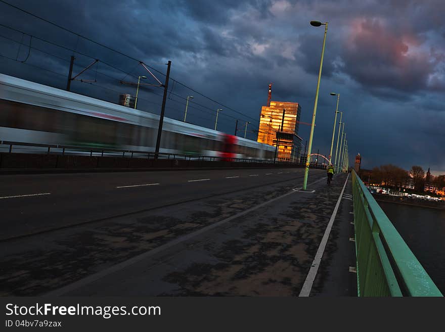 Tram crossing a bridge