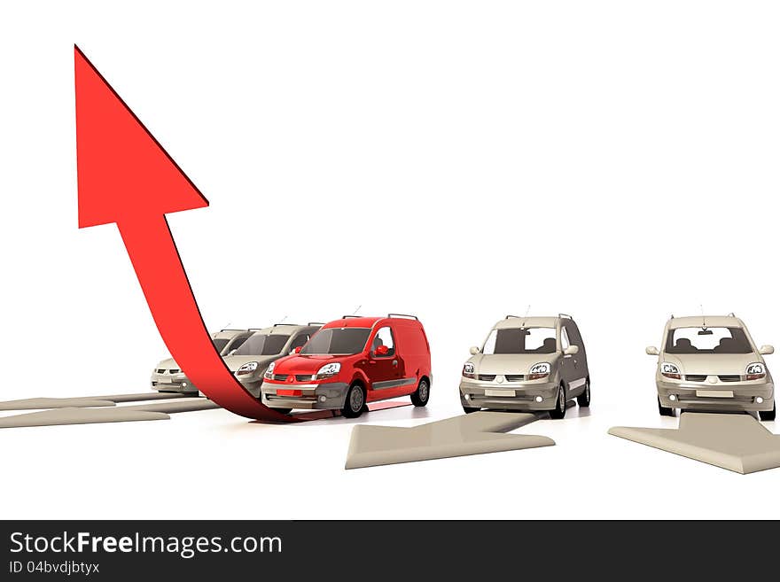 3d illustration of some car, one has an advantage. 3d illustration of some car, one has an advantage