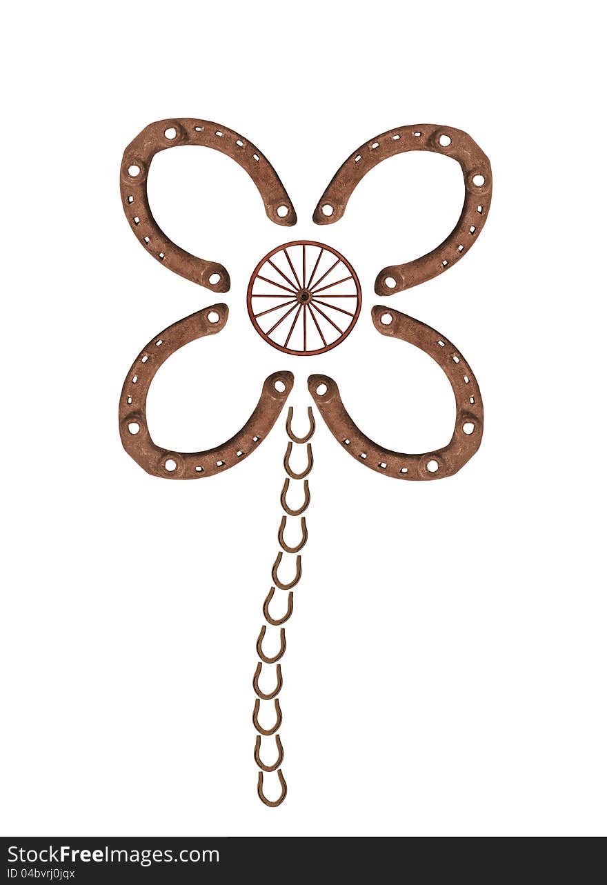 Image of a four-leaf clover made from old rusty horseshoes and a wagon wheel. Isolated on white. Image of a four-leaf clover made from old rusty horseshoes and a wagon wheel. Isolated on white.