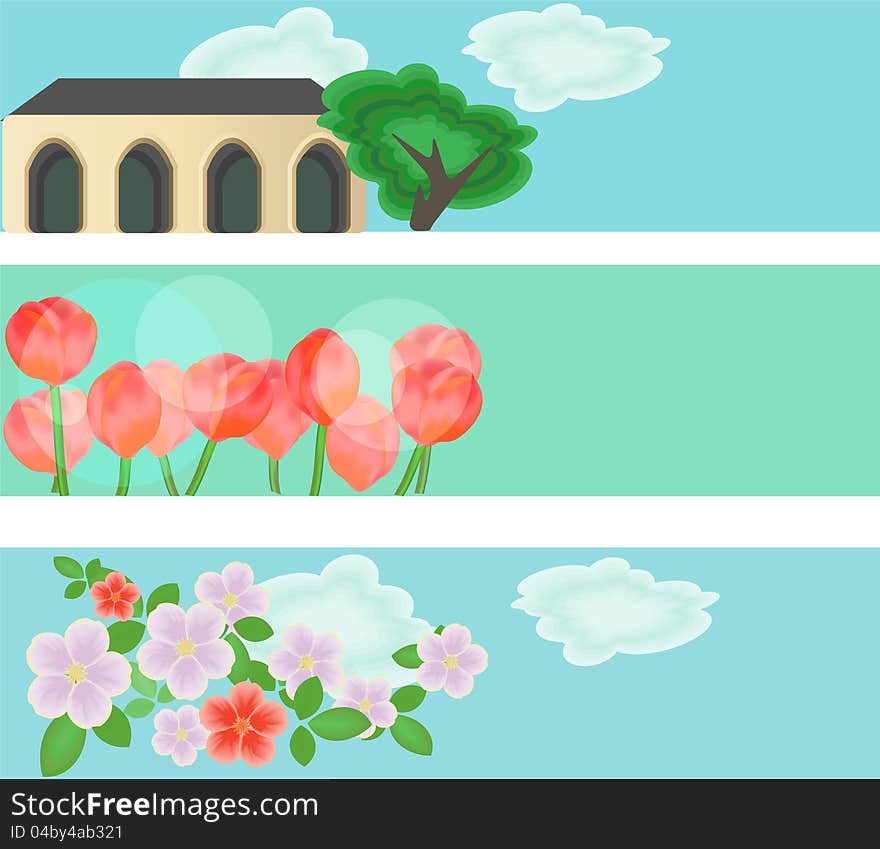 Banners set with flowers and building images. Banners set with flowers and building images