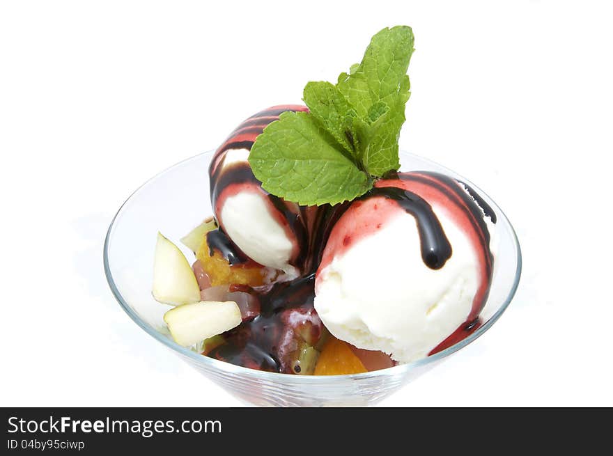 Balls of ice cream with chocolate sauce decorated with mint