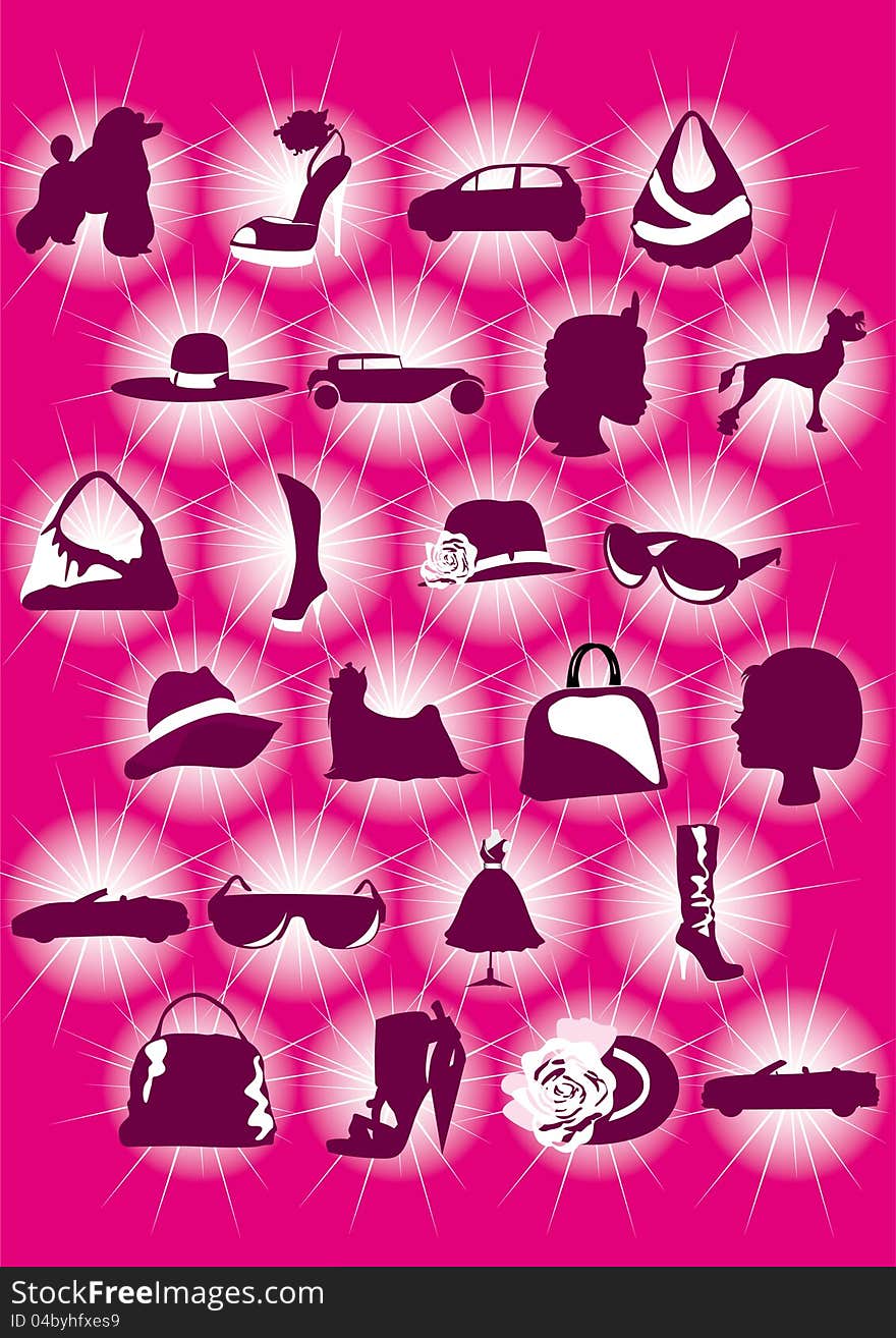 Vector illustrations of women`s fashion shoes, sun glasses, bonnet and other. Vector illustrations of women`s fashion shoes, sun glasses, bonnet and other.