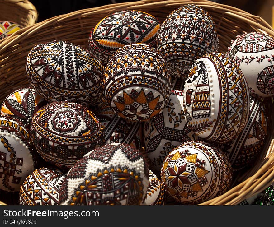 Basket with painted eggs for Easter.