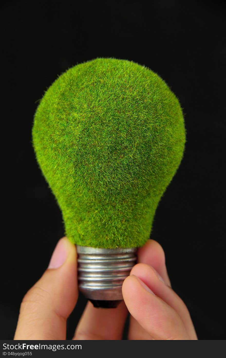 Hand holding eco light bulb isolate on black background