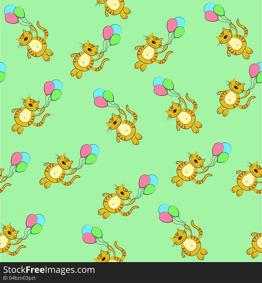 The seamless sample with amusing flying cats and balloons on a green background. The seamless sample with amusing flying cats and balloons on a green background