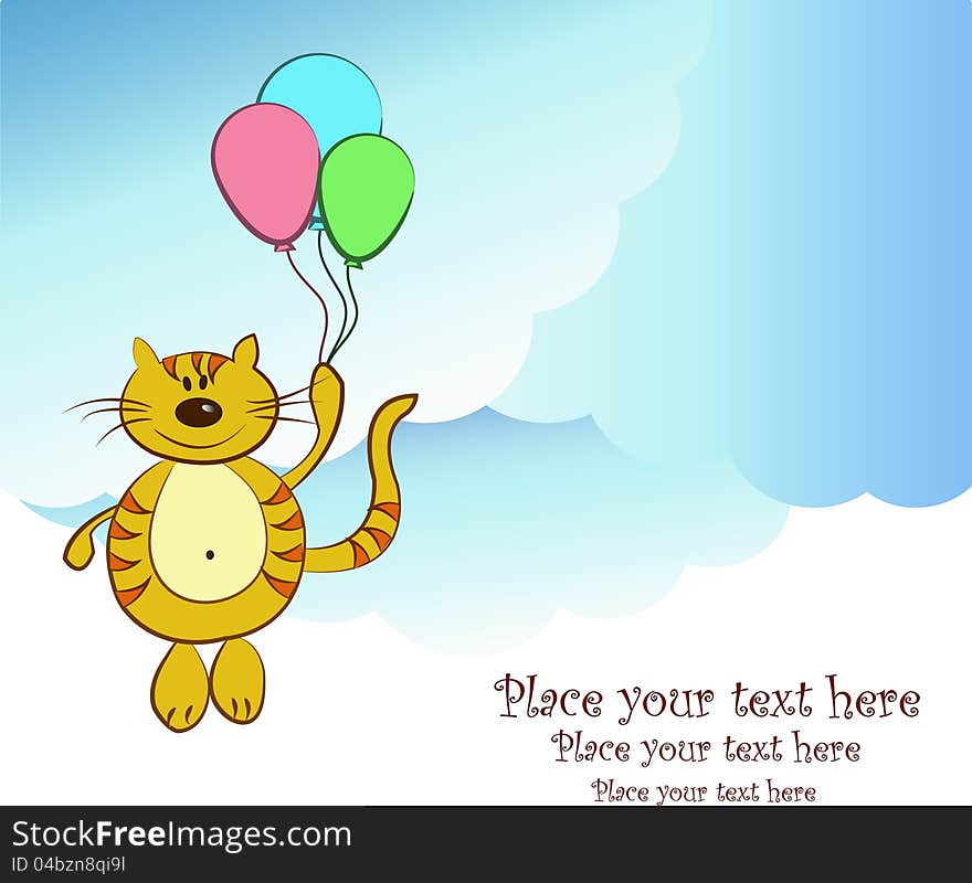 Amusing flying cat with balloons in clouds