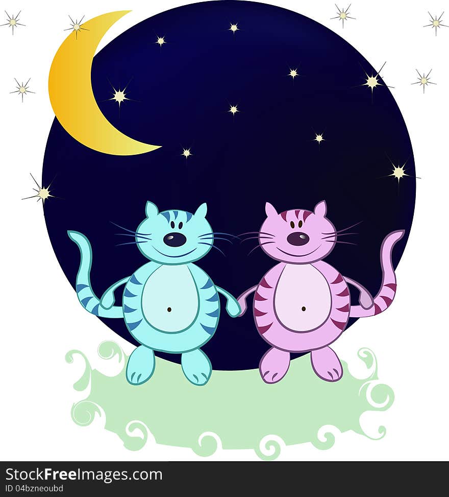 Two Cats In The Night From The Moon And Stars