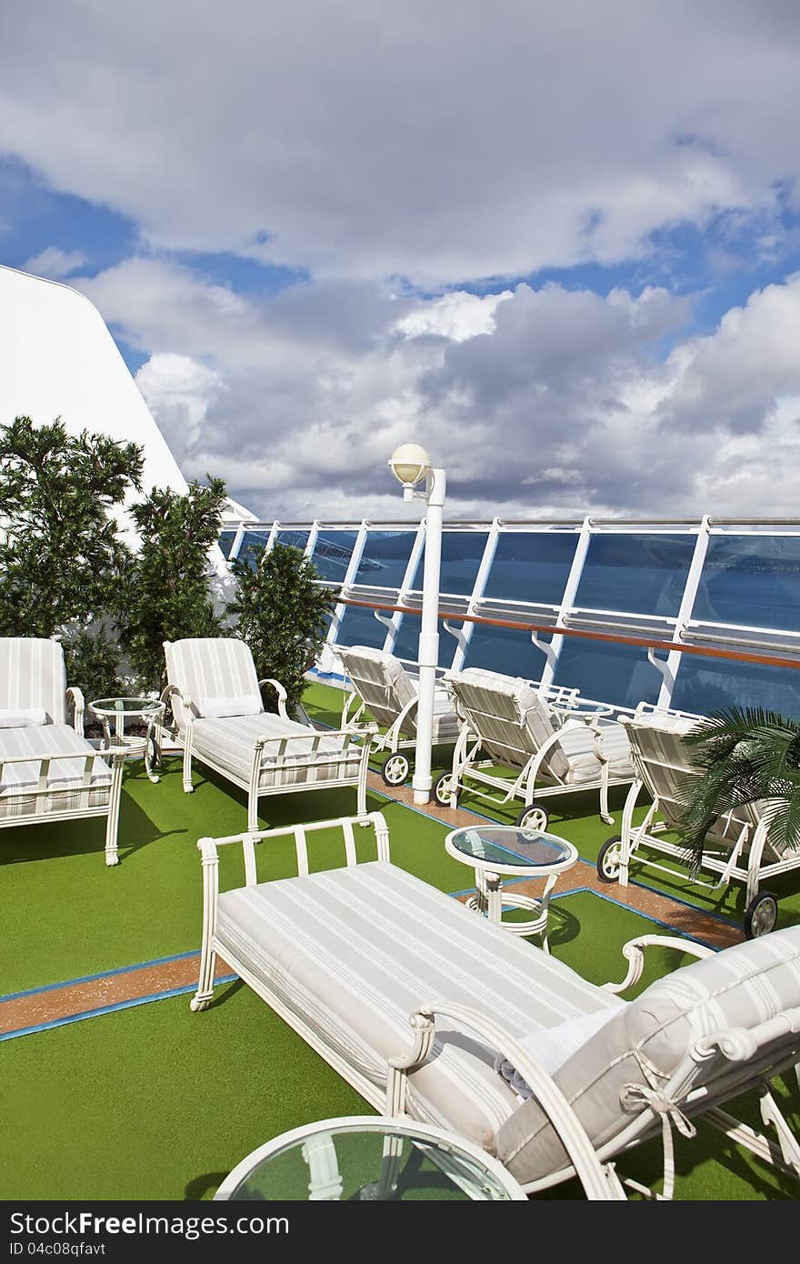 Sunbeds On Sundeck Of The Cruise Ship