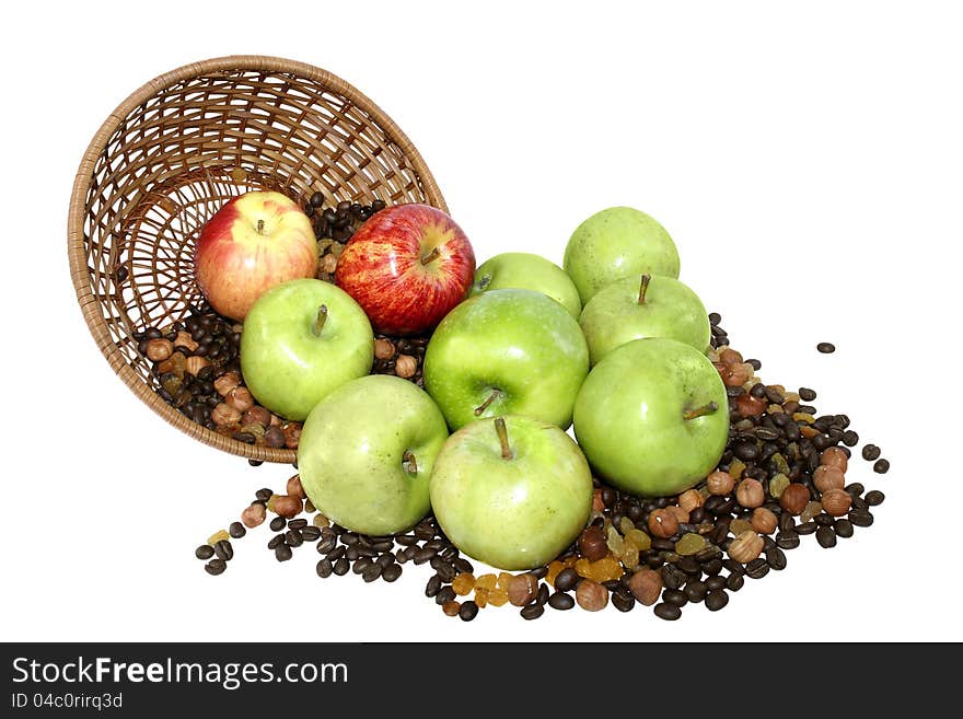 Apples in basket with grains  isolated on white