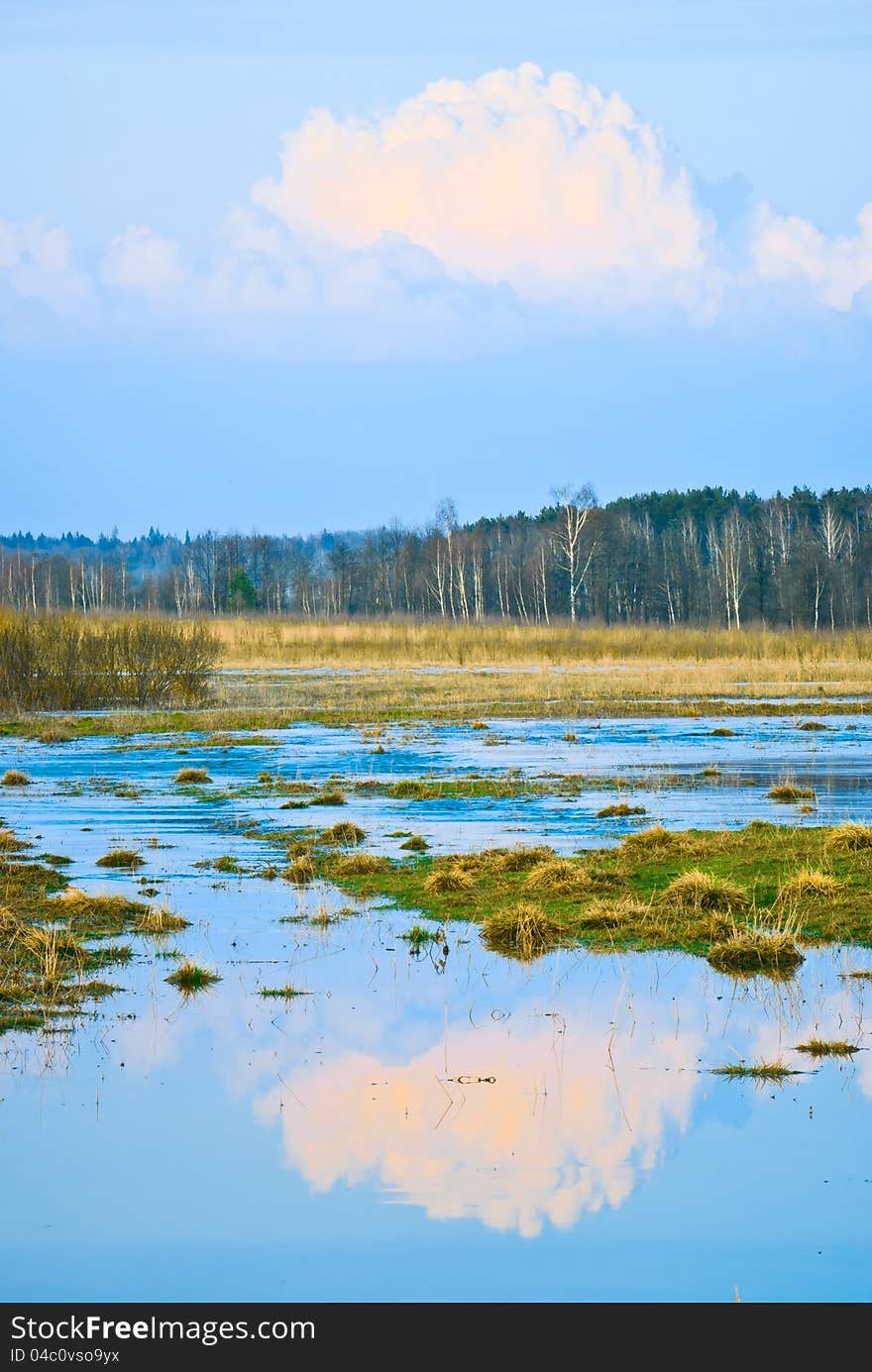 Fluffy cloud mirrored in streams. Fluffy cloud mirrored in streams