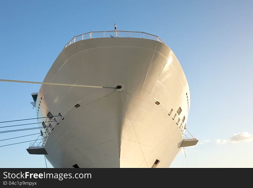 The Bow of a Luxury Cruise Ship while anchored in Port.