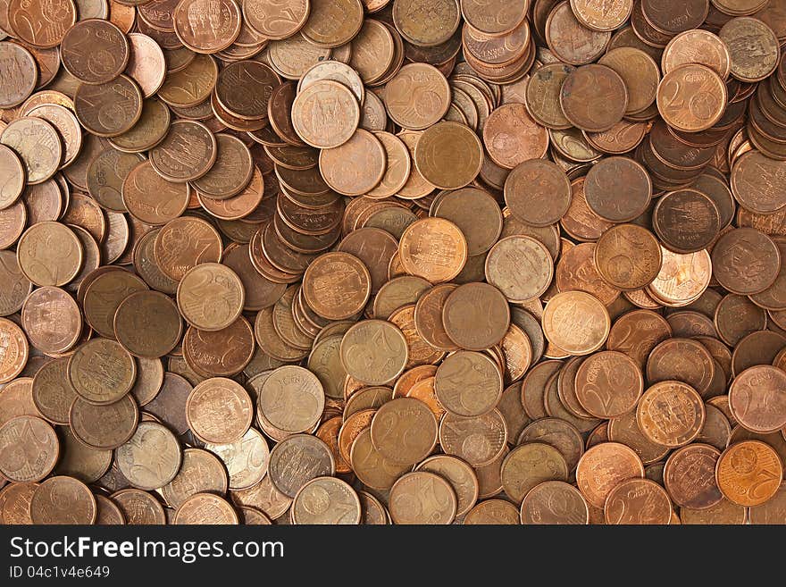 A pile of european coins of 2 cents. A pile of european coins of 2 cents