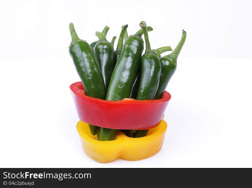 Green chilly peppers and red peppers