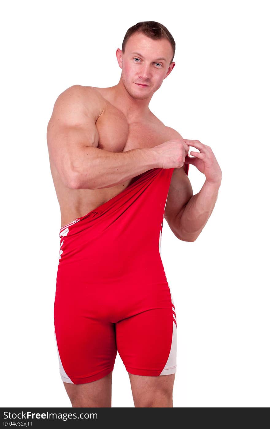 Male model in red running suit. Male model in red running suit