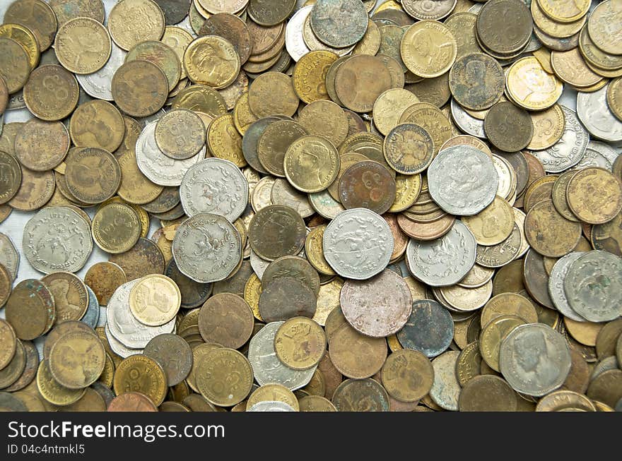 Obsolete old thai coins in top view random order