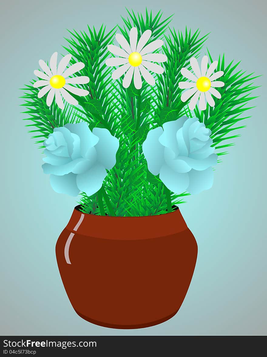 Flowers rose and camomile in a flowerpot. EPS 8.