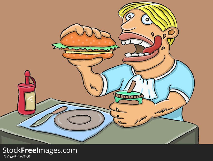 Illustration of cartoon fat man eating a big hamburger. Illustration of cartoon fat man eating a big hamburger.