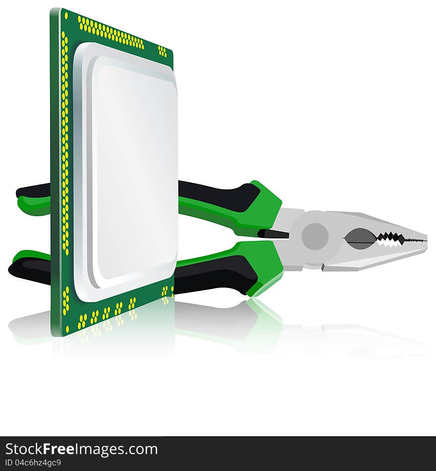 Pliers and computer processor on a white background