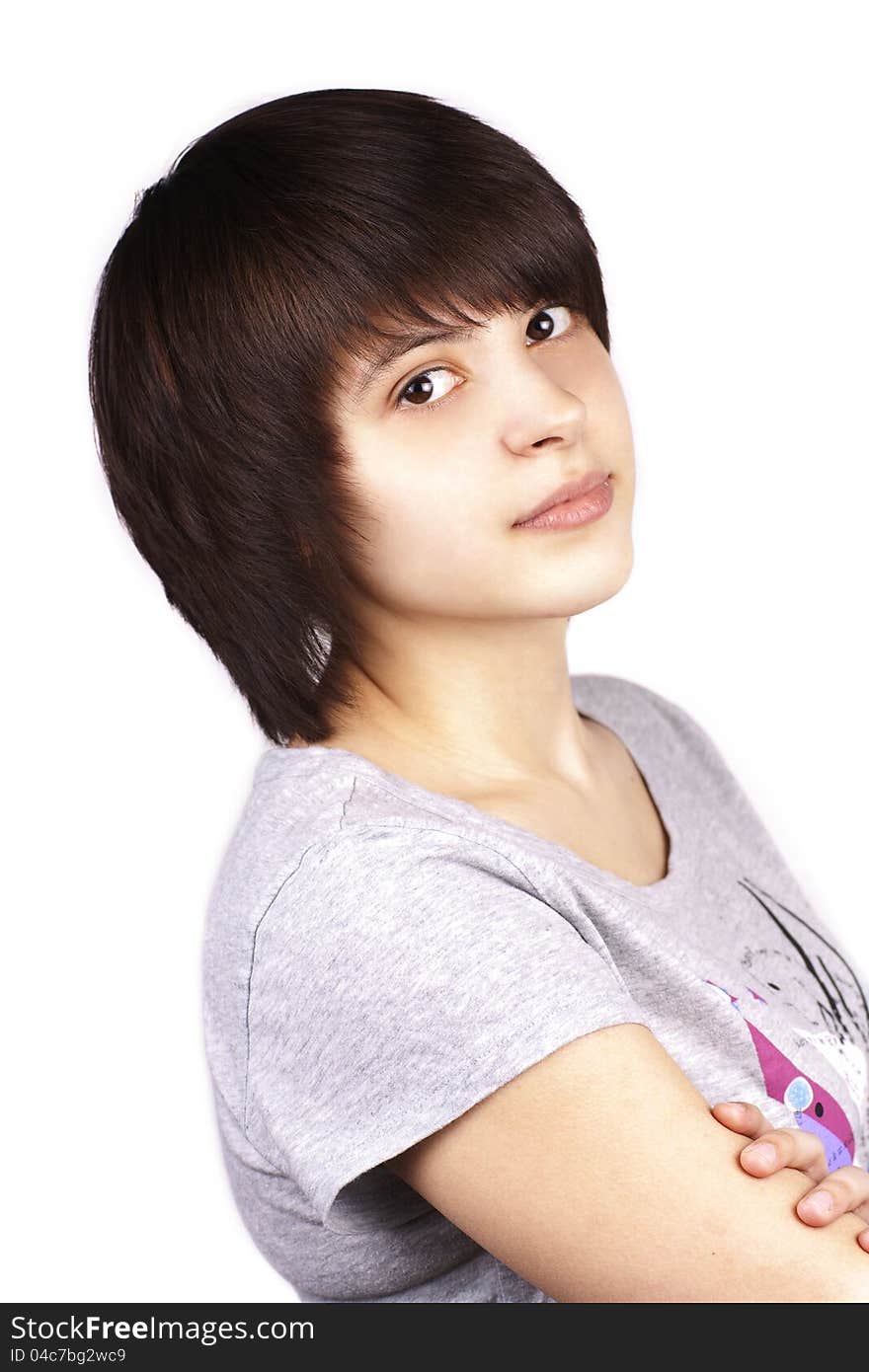 Casual style young woman portrait, isolated over white background