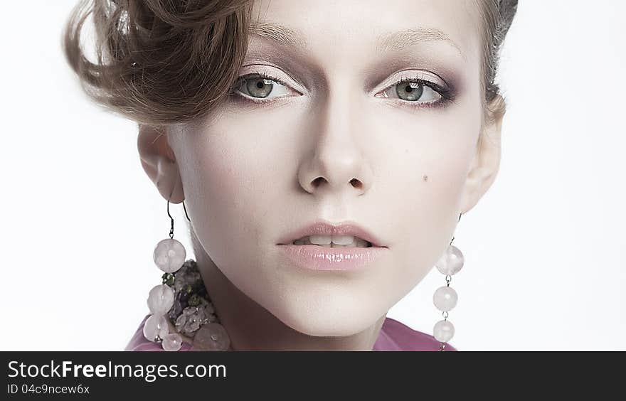 Close-up portrait of a beautiful chic brunette - sensual beauty woman. Close-up portrait of a beautiful chic brunette - sensual beauty woman