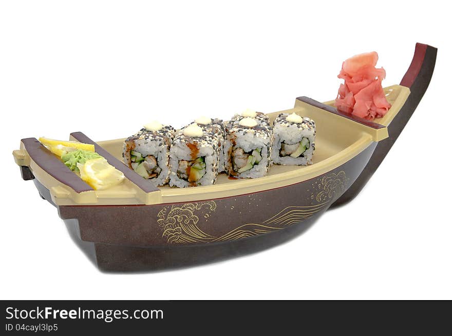 Boat with a Japanese sushi on white